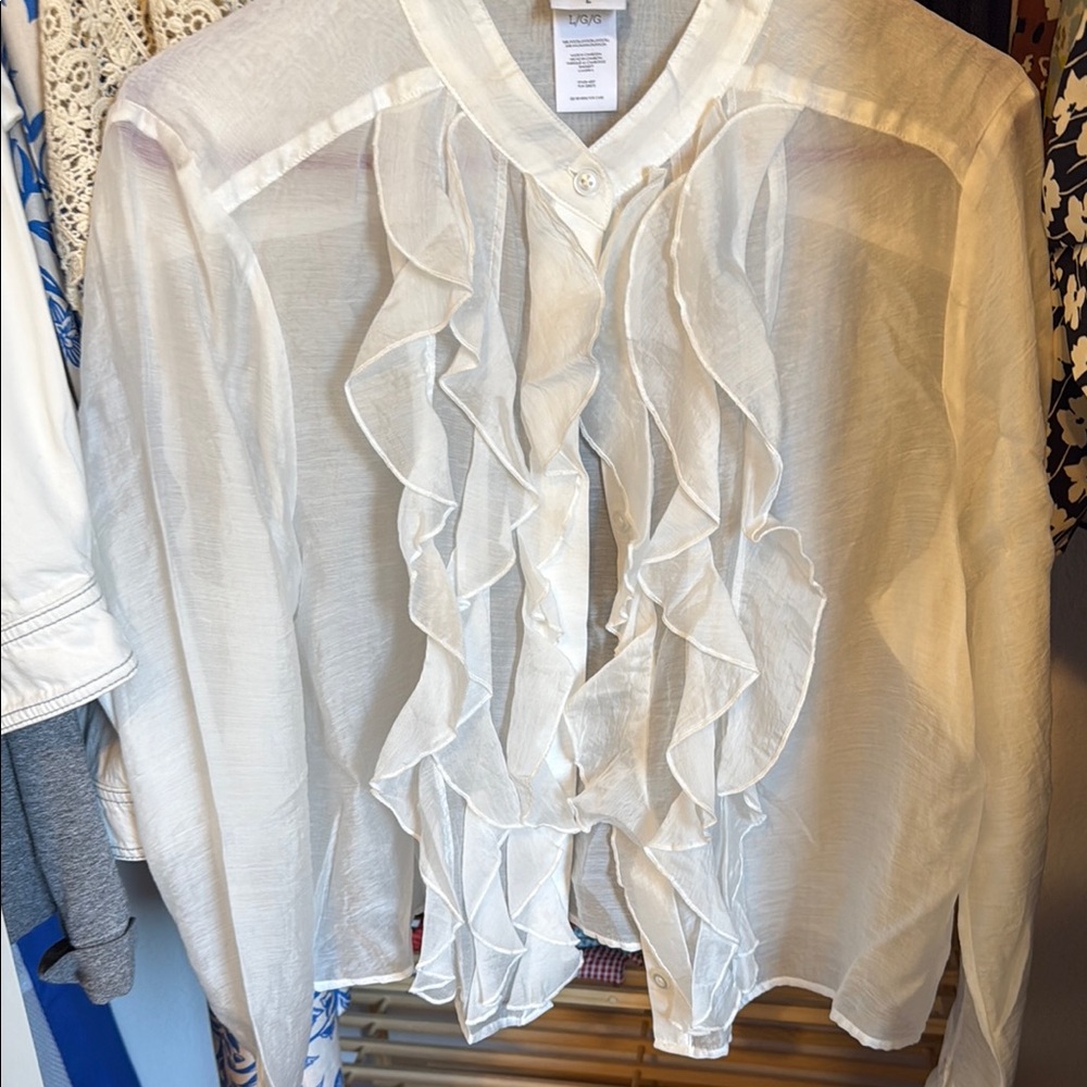 CAbi White Ruffled Bib Collar Blouse